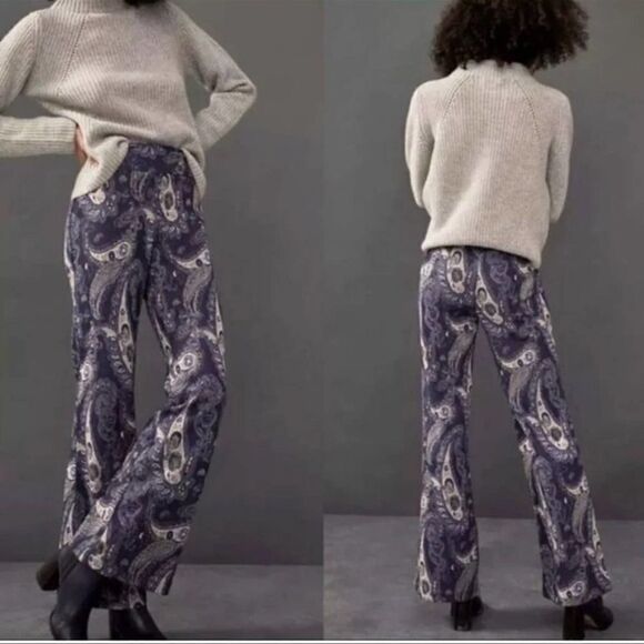 Anthropologie Maeve Blue Maria Paisley Metallic Flare Pants - Picture 8 of 10